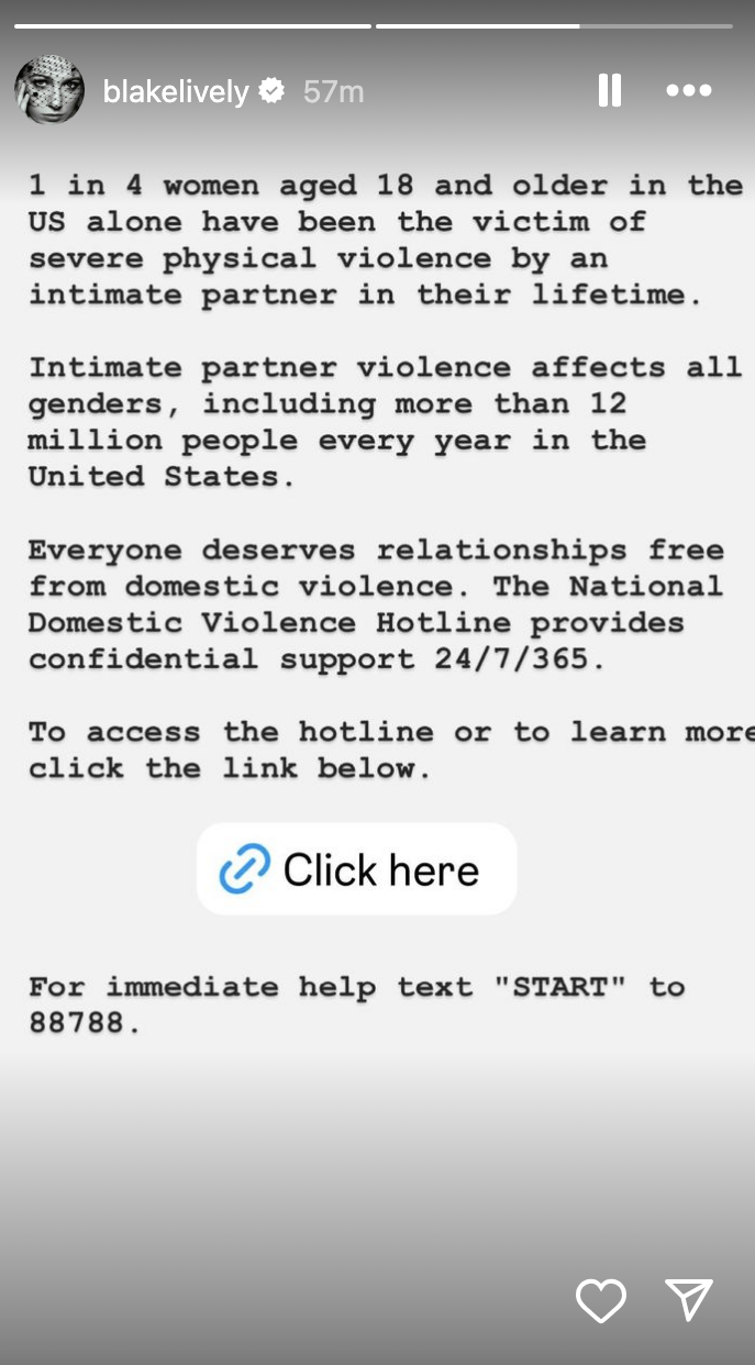 Blake Lively's Instagram story about intimate partner violence stats in the U.S. and the National Domestic Violence Hotline. Promotion of hotline text "START" to 88788