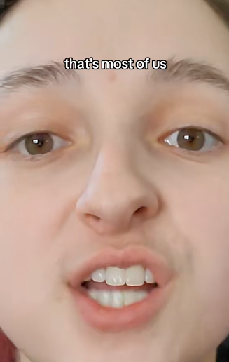 Close-up of a person's face with text at the top reading "that's most of us"