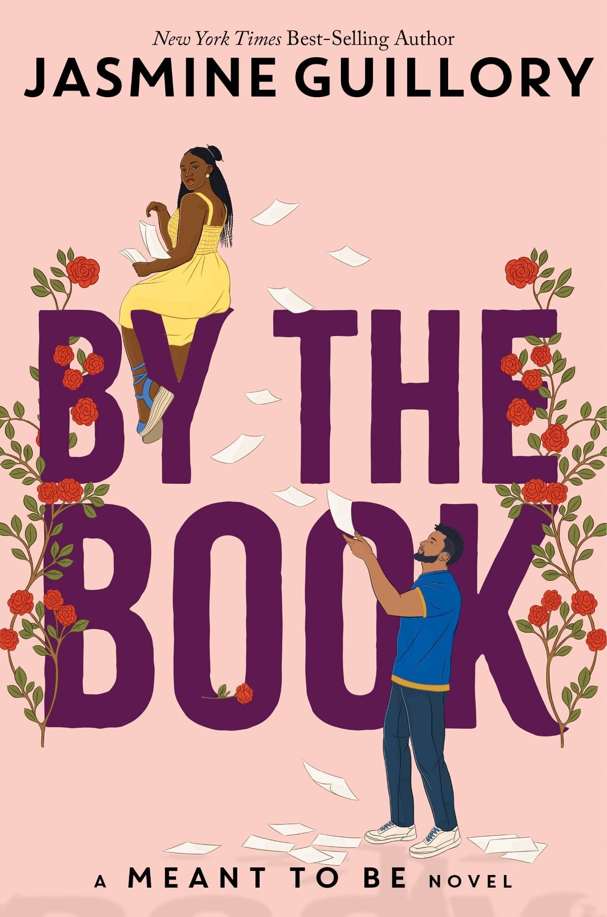 Cover of the book &quot;By The Book&quot; by Jasmine Guillory. It depicts a woman in a yellow dress and a man in jeans and a blue shirt, with pages floating around them