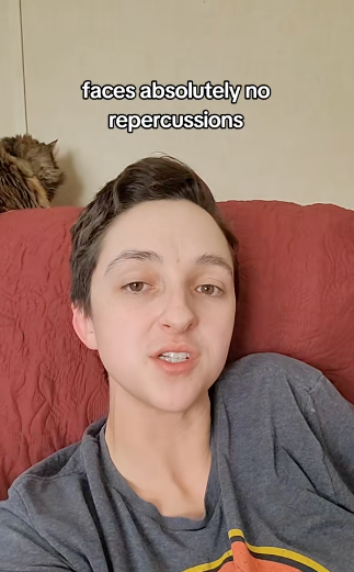 A person with short hair speaks, with a cat resting behind them on a red chair. Text reads: "faces absolutely no repercussions."
