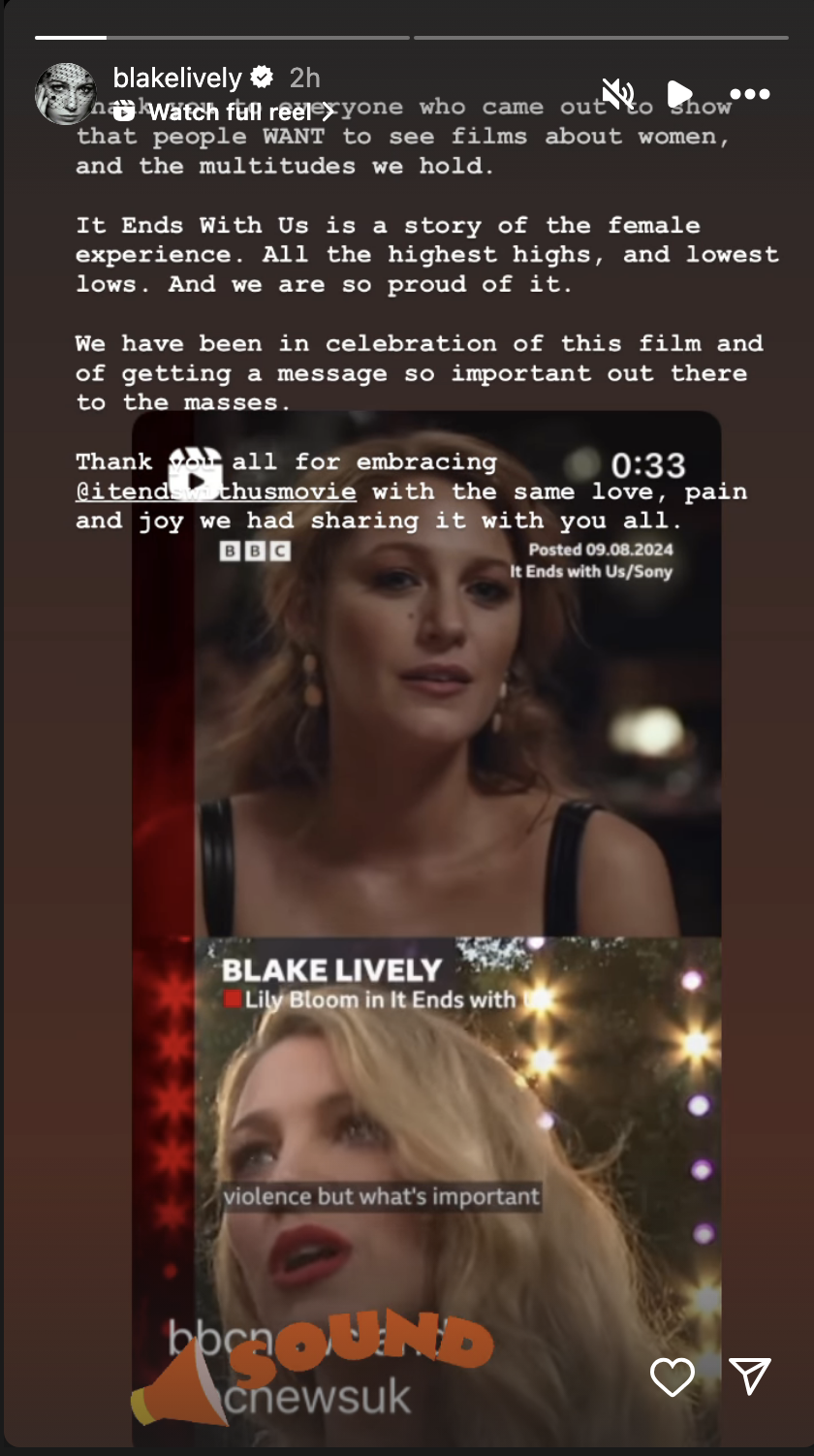 Blake Lively shares a post about &quot;It Ends With Us&quot; film. Text highlights the female experience and gratitude for support. Image shows her with the BBC Sound logo