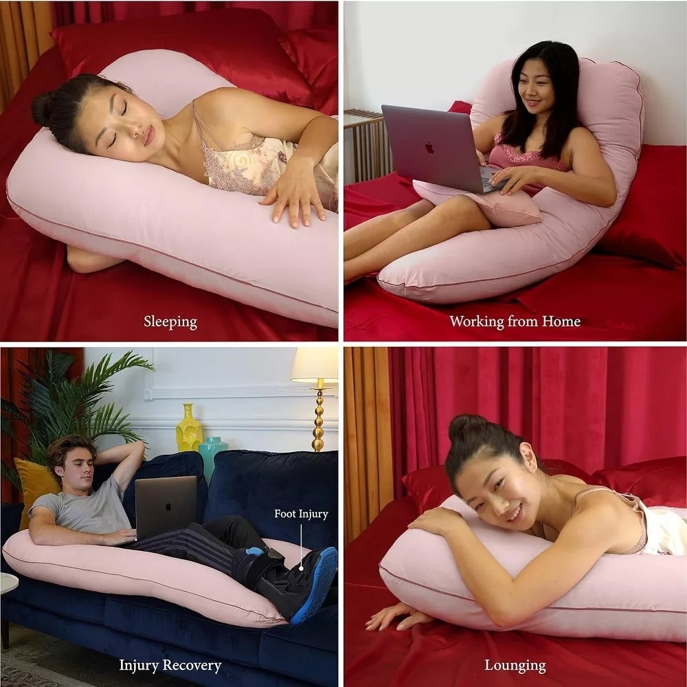 the pillow's uses being shown in four different ways