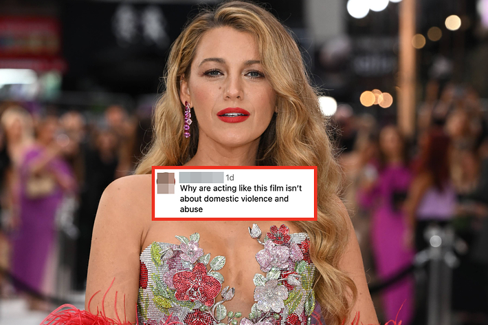 Blake Lively on the red carpet in a floral embellished gown. A comment overlay reads, "Why are acting like this film isn’t about domestic violence and abuse."