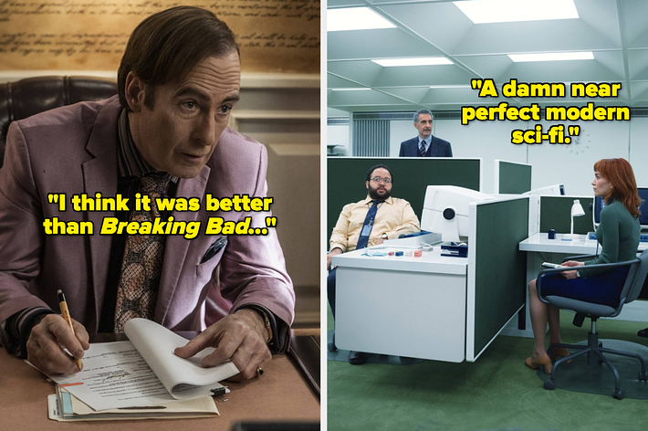 Bob Odenkirk as Saul Goodman, left, comments on the quality of a show compared to "Breaking Bad." Scene from a modern sci-fi office, right