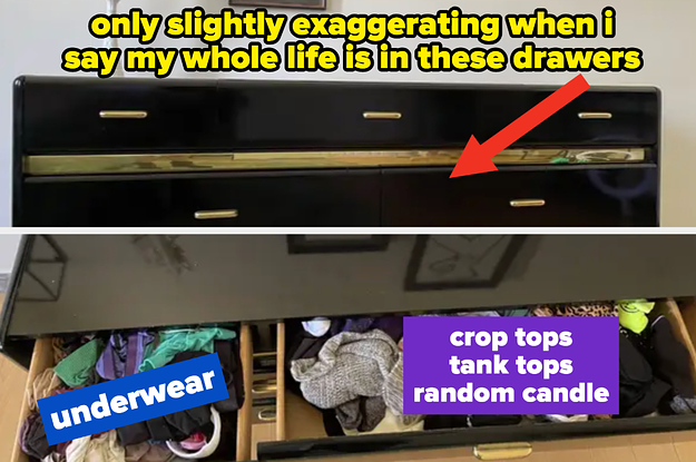 dresser with some drawers open revealing mess