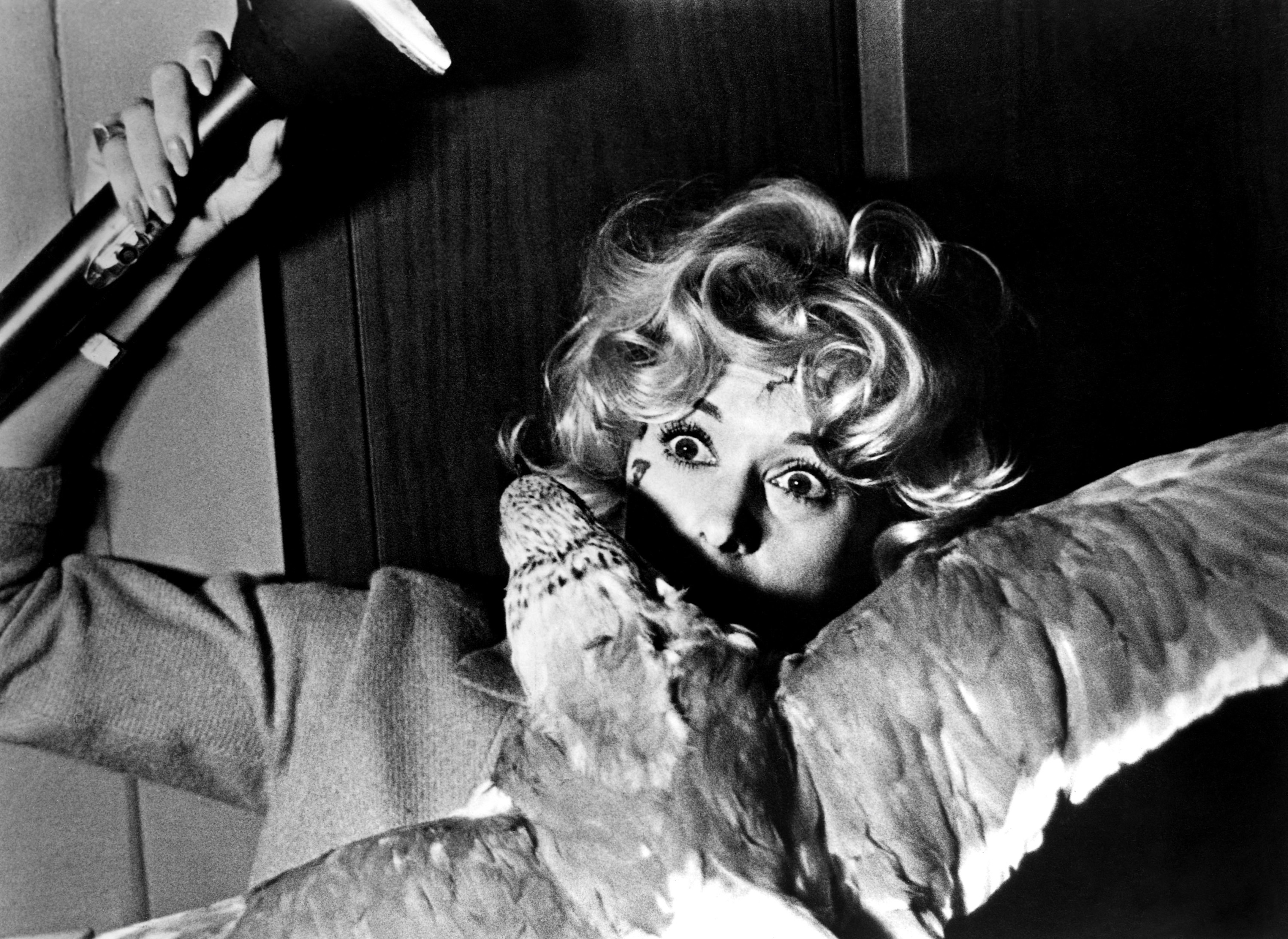 Tippi Hedren is startled, holding a flashlight, as a bird attacks in &quot;The Birds&quot;