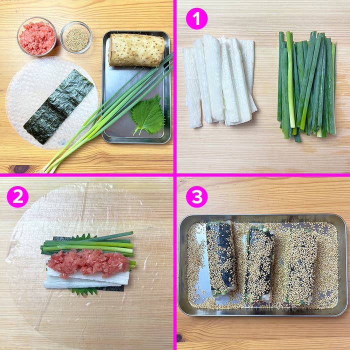 画像は料理の手順を示すコラージュです。1: 材料を並べる。2: 材料をライスペーパーで巻く。3: ごまをまぶして盛り付ける。