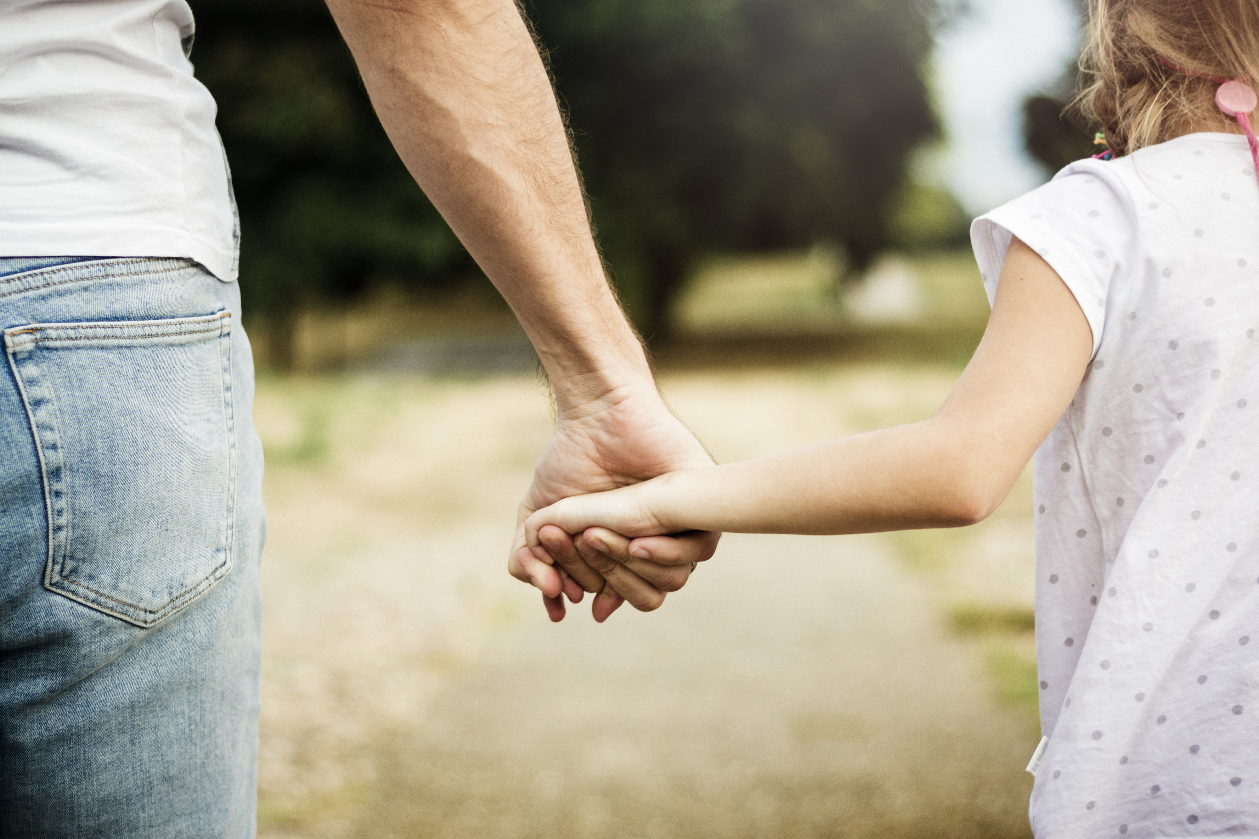 An adult and a child holding hands while walking down a path, viewed from behind