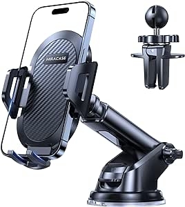 A Miracase car phone holder with a mounted smartphone and an additional air vent clip. The holder has a suction base and adjustable arm