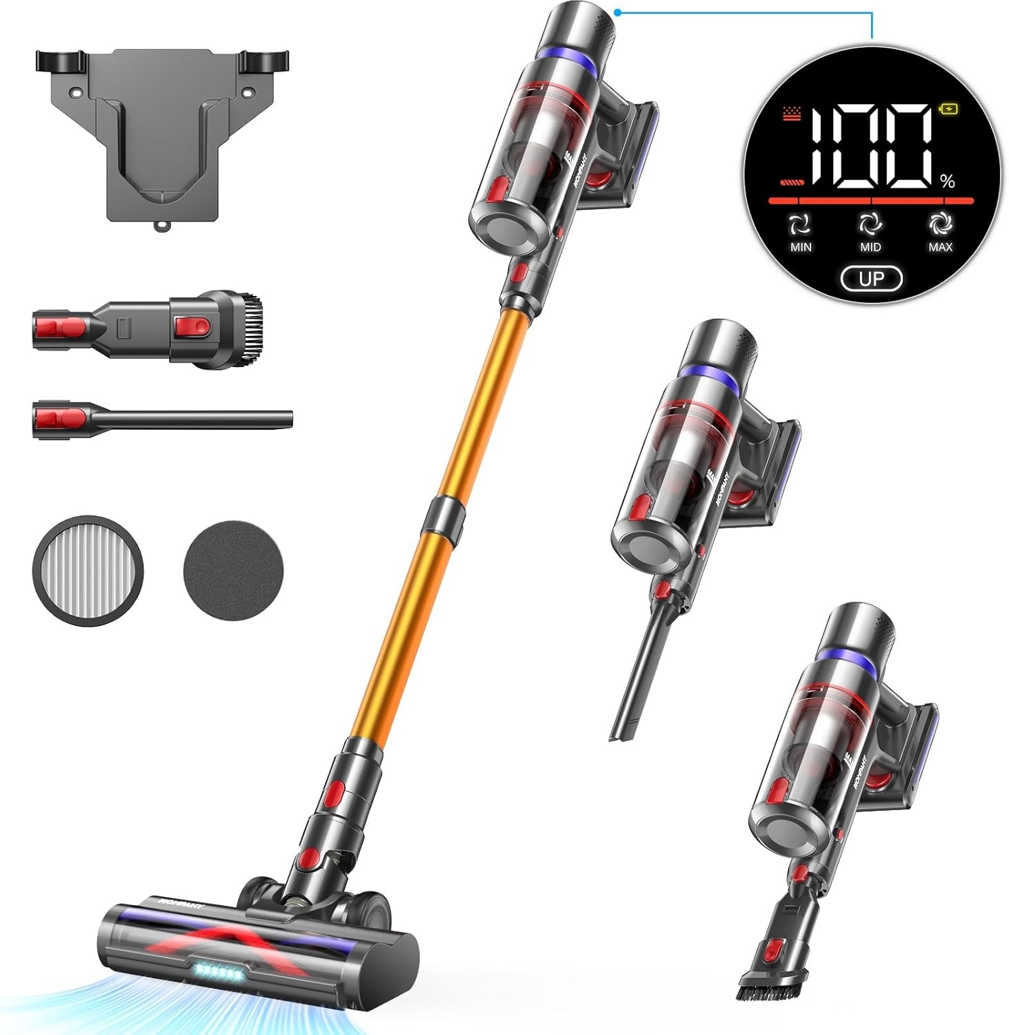 Cordless vacuum cleaner with detachable components, including different brush heads and filters, and a digital display showing power levels
