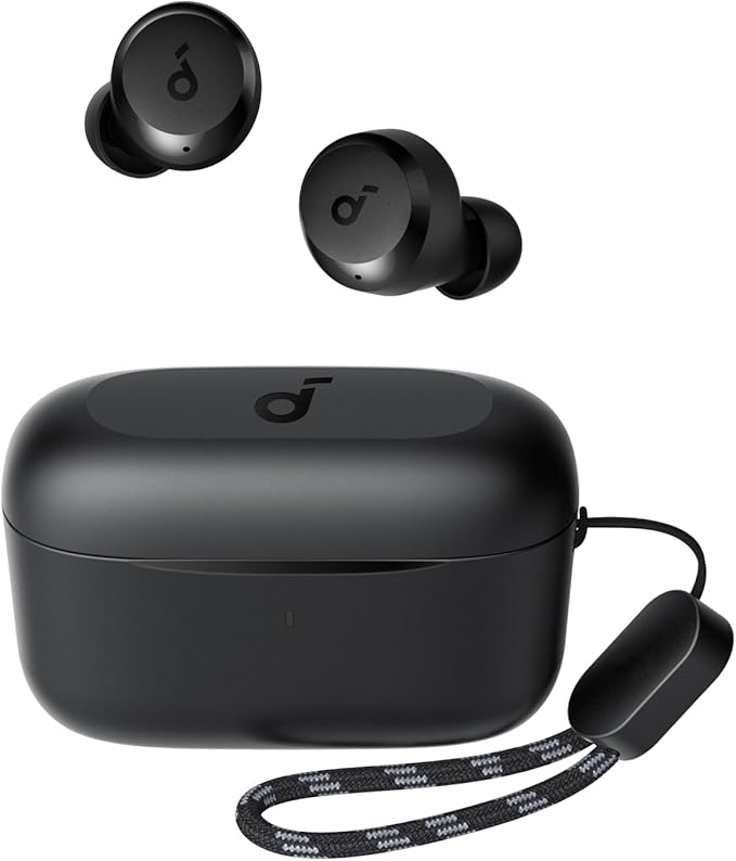 A pair of black wireless earbuds with a portable charging case and a lanyard attached