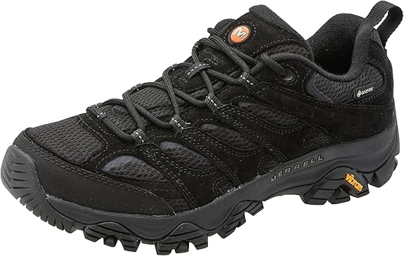 Black Merrell hiking shoe with rugged sole, mesh fabric, and Gore-Tex label for waterproofing
