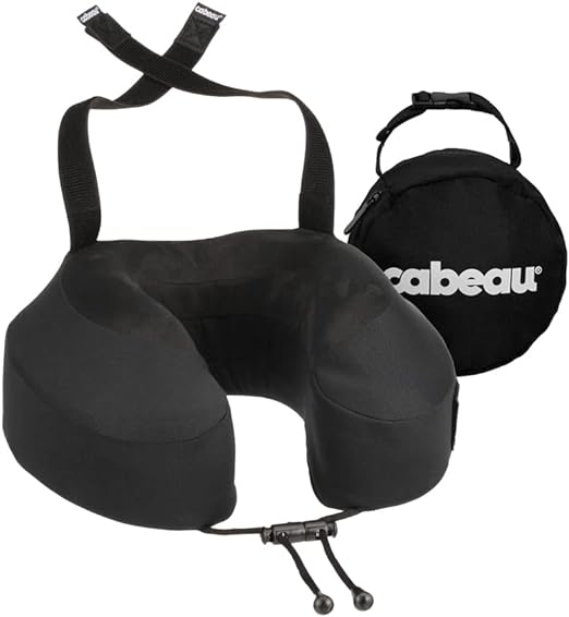 Travel neck pillow set with adjustable strap and matching storage bag by Cabeau