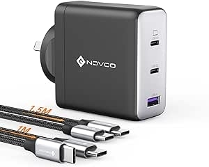 Novoo USB-C charger with three ports and accompanying braided 1.5m and 1m USB-C cables