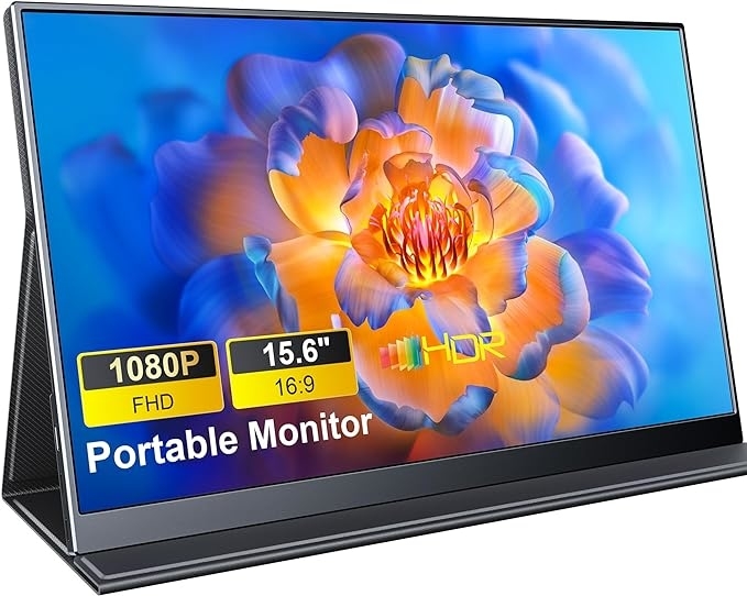 A portable monitor displaying a vibrant image of a flower. Screen specs are 1080P FHD, 15.6", 16:9, and HDR