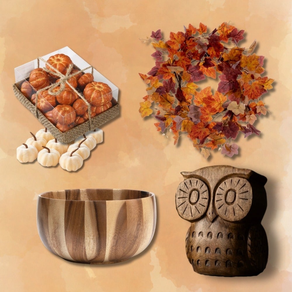 Collection of autumn-themed home decor items: a tray of pumpkins, a wreath of fall leaves, a wooden bowl, and an owl-shaped wooden sculpture