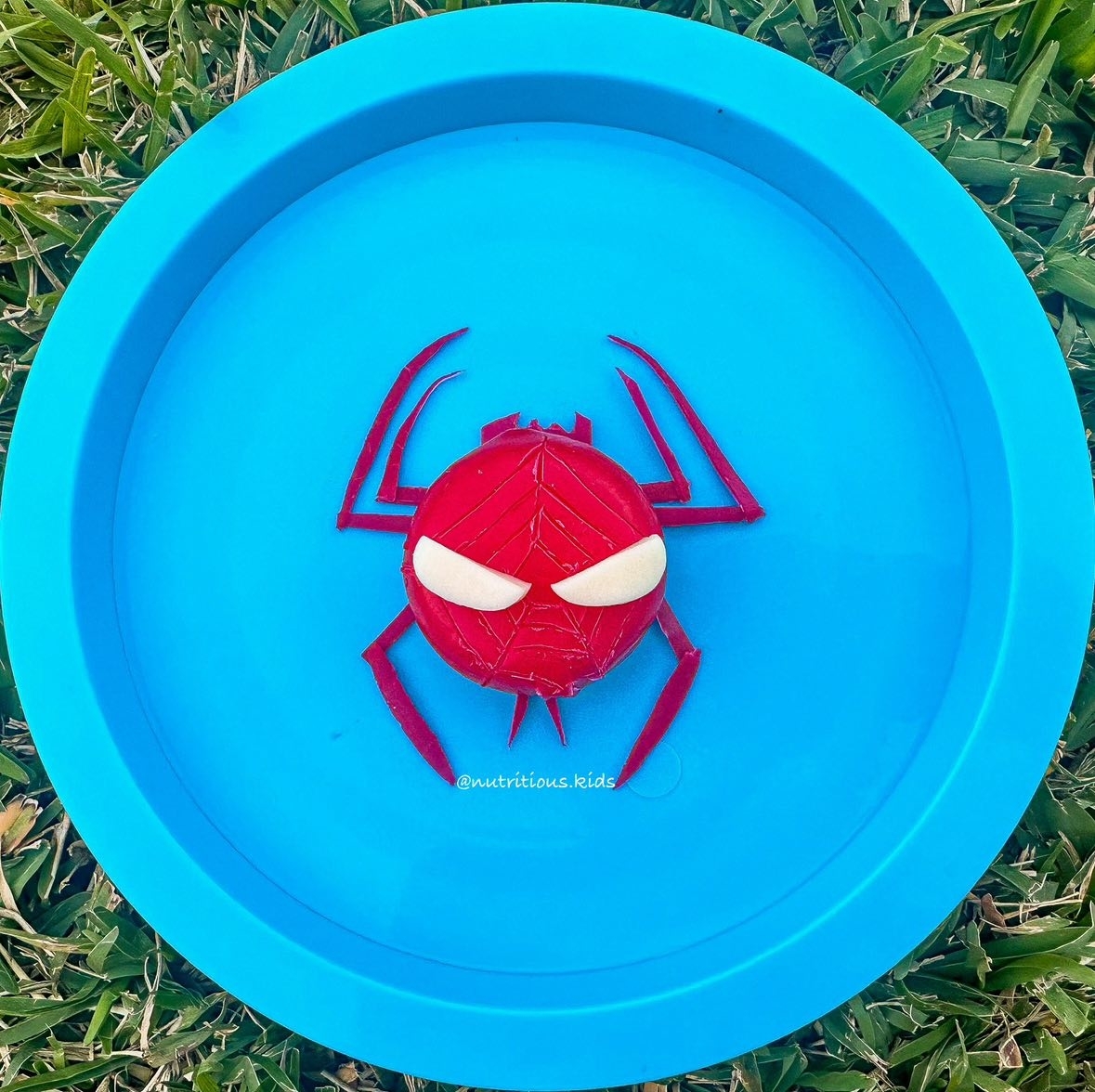Fruit snack arranged in the shape of Spider-Man's face on a blue plate, placed on grass