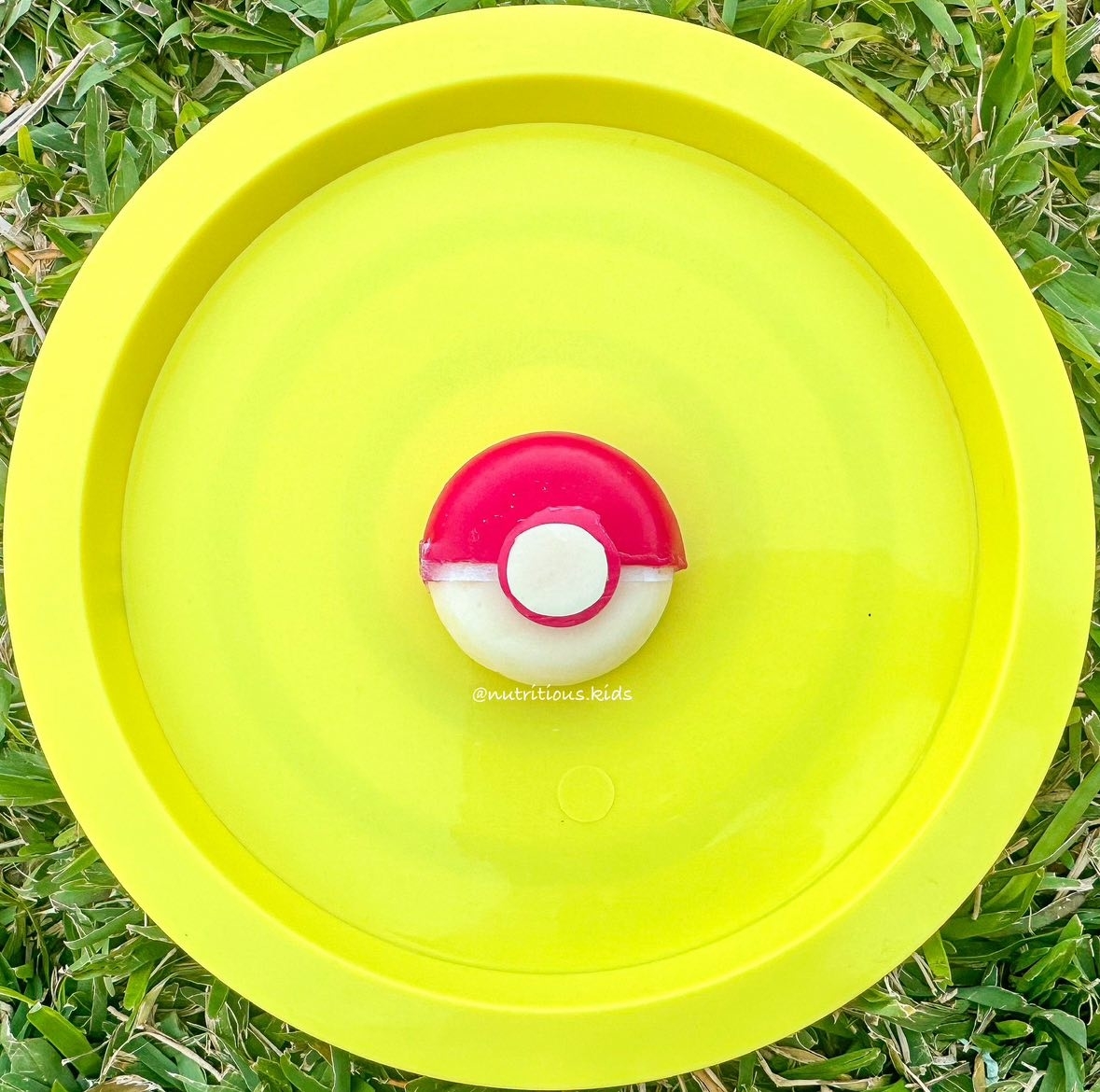 A round, yellow plate with a small, red and white Poké Ball in the center, placed on grass. The text &quot;@nutritious_kids&quot; is beneath the Poké Ball