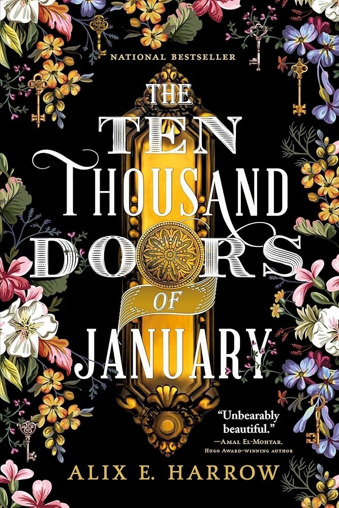 Book cover of "The Ten Thousand Doors of January" by Alix E. Harrow, featuring a decorative keyhole and floral border, with a quote praising the book's beauty