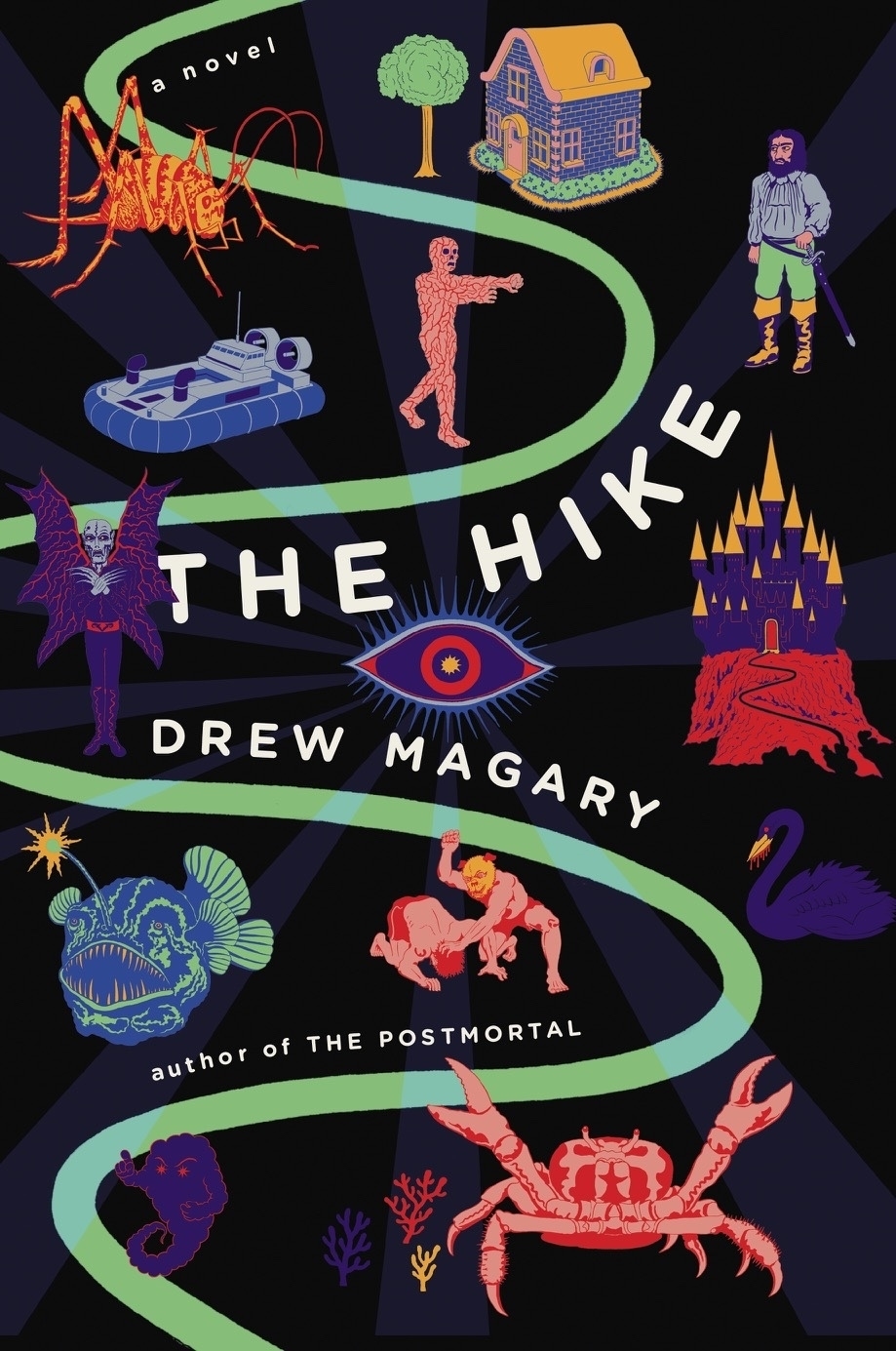 Cover of "The Hike," a novel by Drew Magary. The cover features a winding path with various illustrated characters and objects, including a tank, a castle, and a house