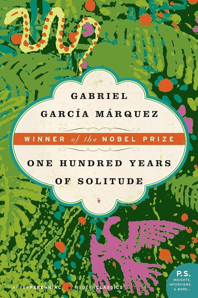 Cover of "One Hundred Years of Solitude" by Gabriel García Márquez, featuring abstract art and a Nobel Prize winner badge