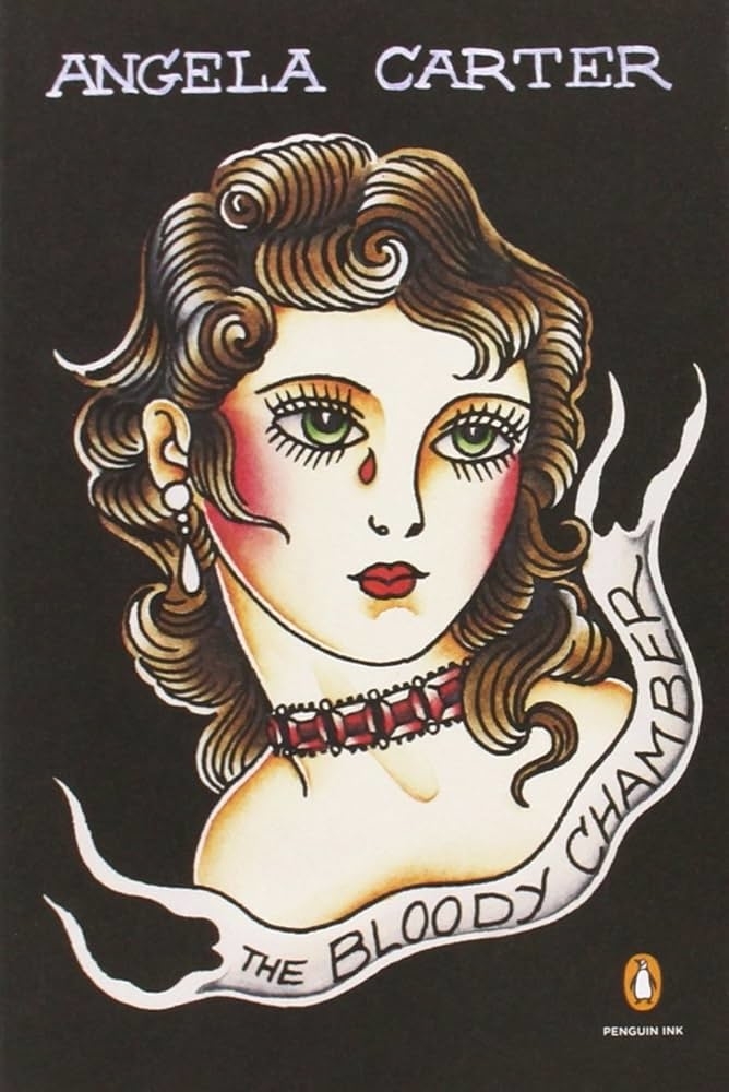 Book cover of "The Bloody Chamber" by Angela Carter, featuring an illustrated portrait of a woman with wavy hair, dramatic makeup, and a red choker