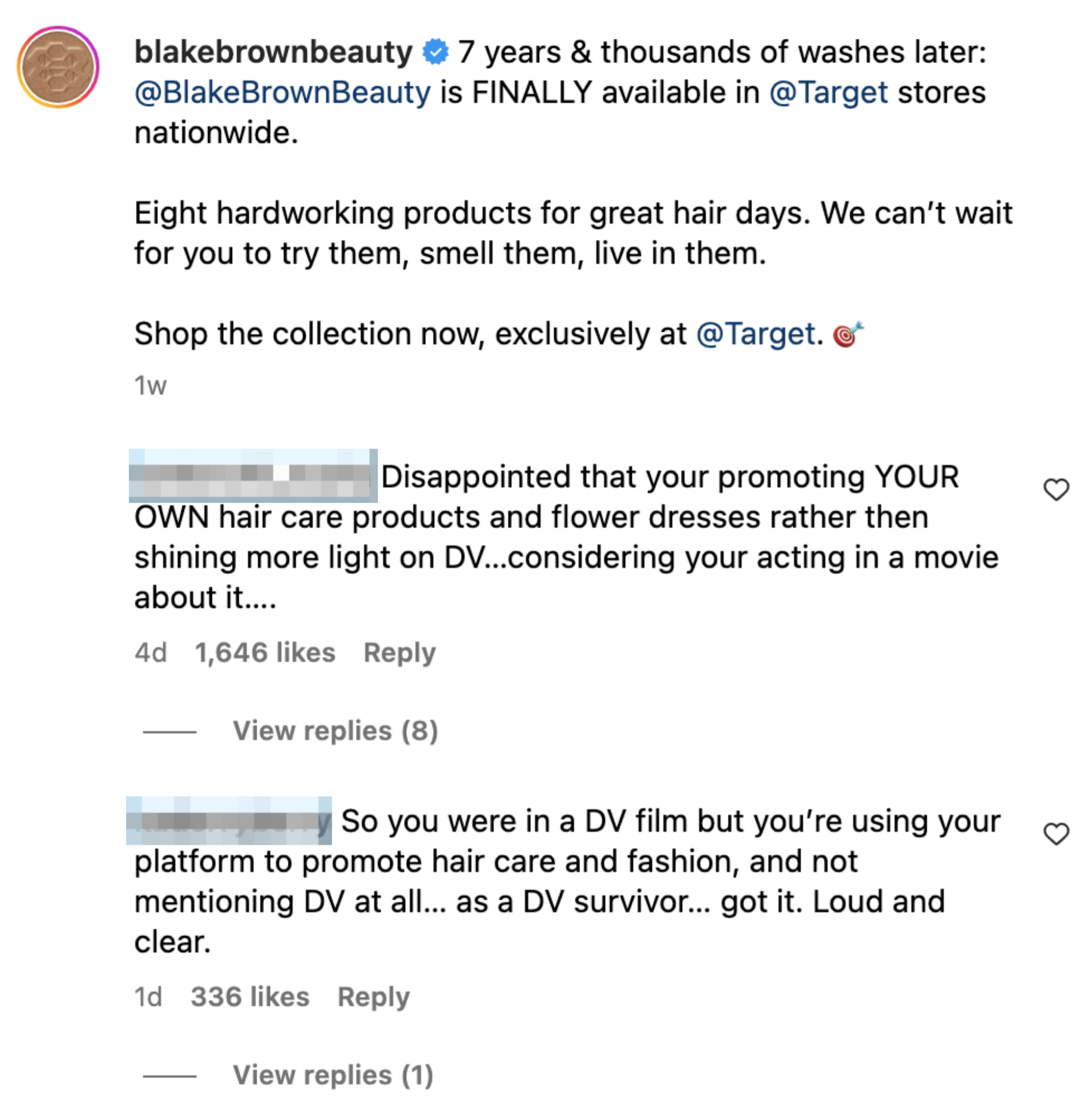 blakebrownbeauty celebrates product launch at Target; Commenters criticize promotion choice