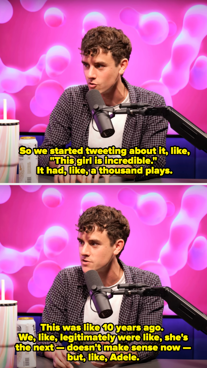 Connor in casual attire, speaking on a podcast. Subtitles discuss his and his then-boyfriend's past tweets praising Chappell Roan, who had very few plays, predicting her future success like Adele