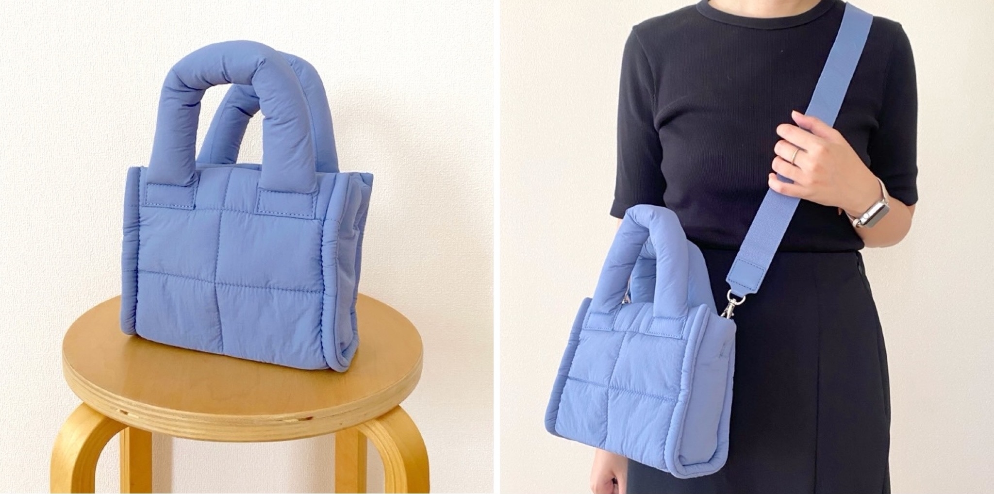 Two images of a woman displaying a puffy, quilted handbag with handles and a shoulder strap. The woman is dressed in a simple black top