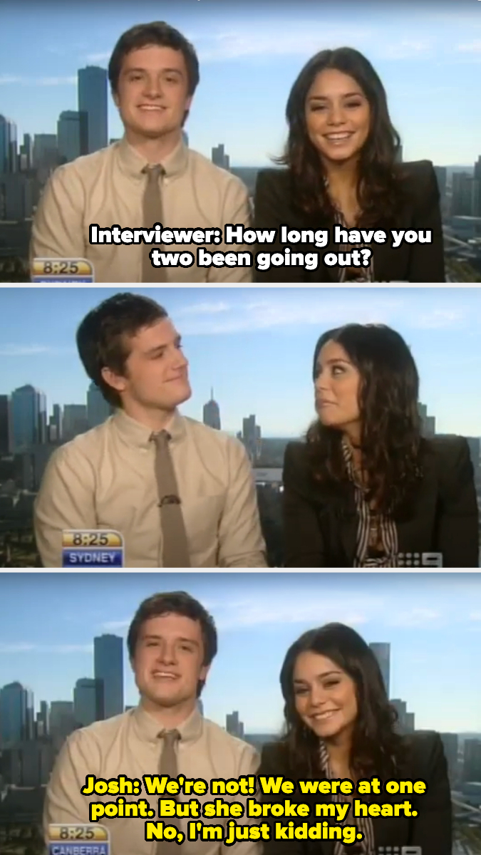 Josh Hutcherson and Vanessa Hudgens in an interview. Josh humorously responds to a question about their relationship status, saying they were together at one point and joking she broke his heart