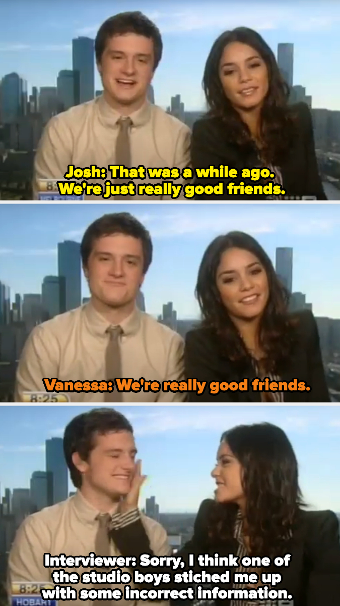 Josh and Vanessa sit together in an interview, confirming they dated a while ago but are now really good friends, and the interviewer apologizes for getting incorrect information