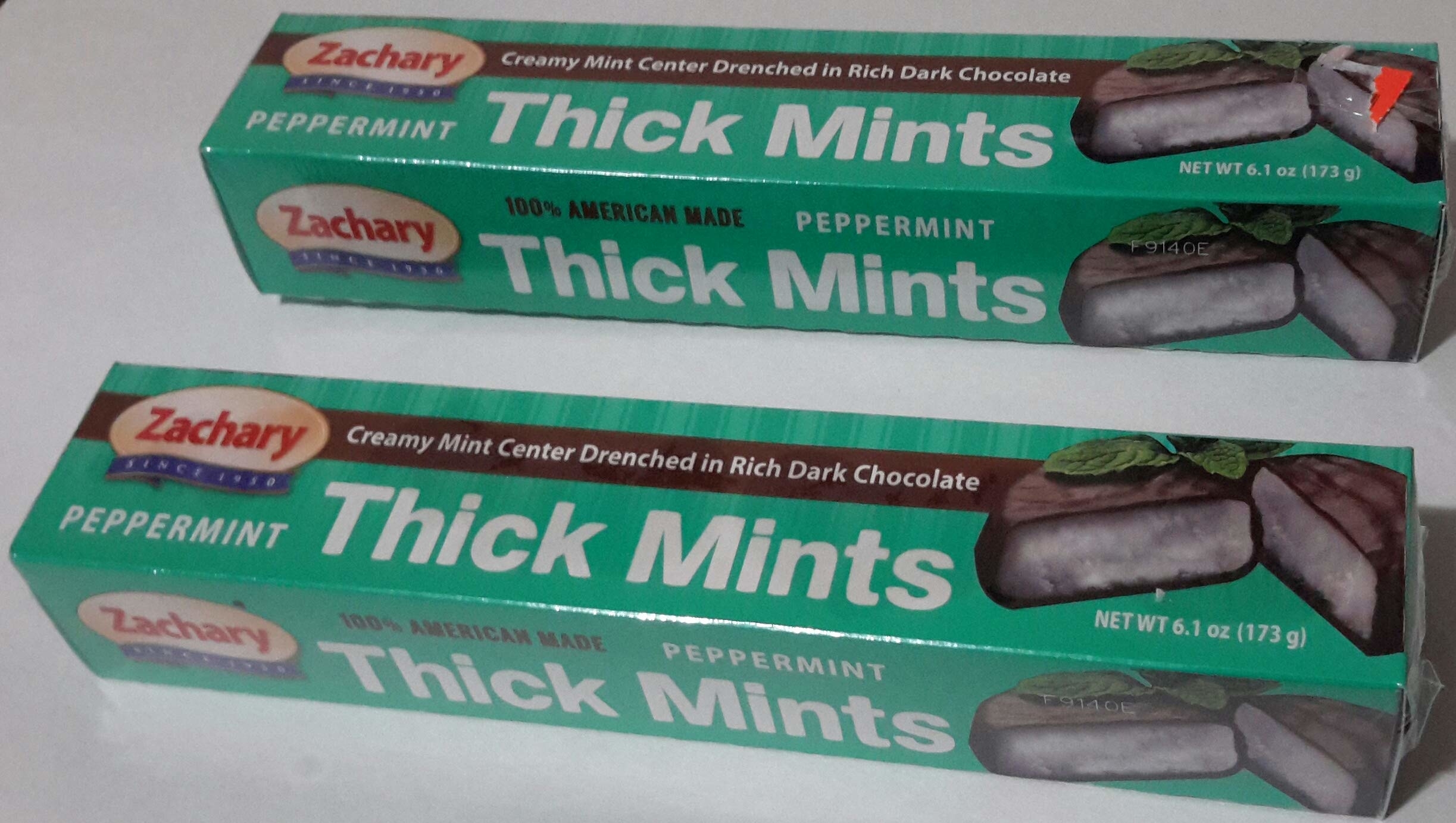 Two boxes of Zachary brand Peppermint Thick Mints, labeled "100% American made, creamy mint center drenched in rich dark chocolate."
