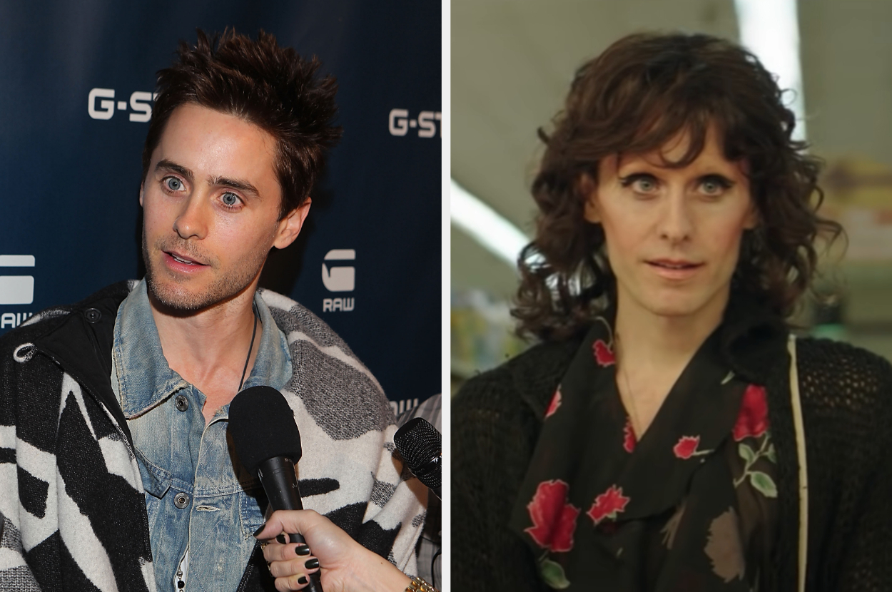 Jared Leto, left image, at a G-Star event with denim jacket and striped sweater; right image shows Leto in a movie role with curly hair and floral blouse