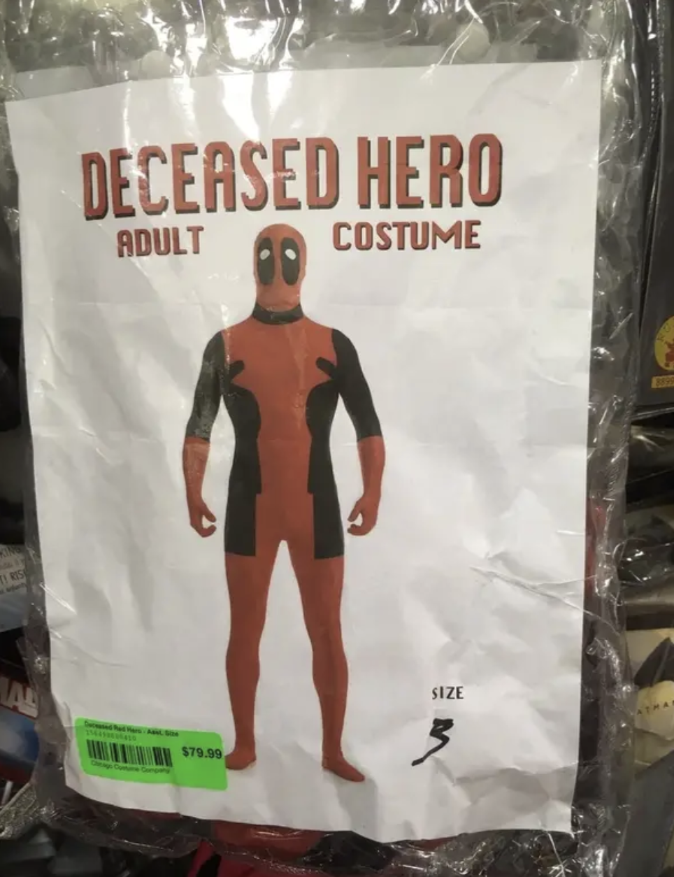 Packaging for "Deceased Hero" adult costume, showing a person in a red and black bodysuit similar to Deadpool. Price tag reads $70.99. Size is indicated as "B"