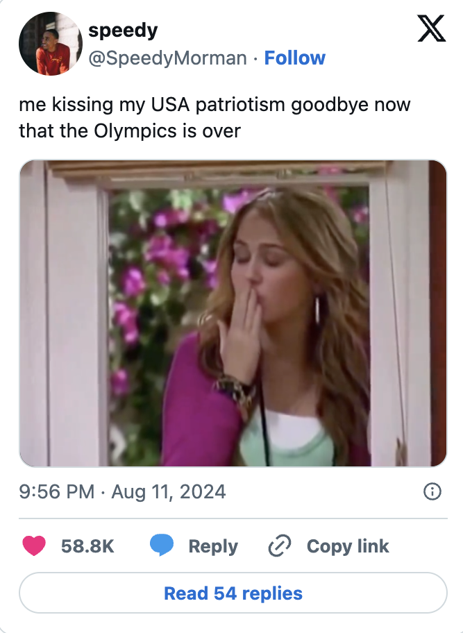 Speedy Morman comments on kissing USA patriotism goodbye now that the Olympics are over, with an image of a woman blowing a kiss at a door
