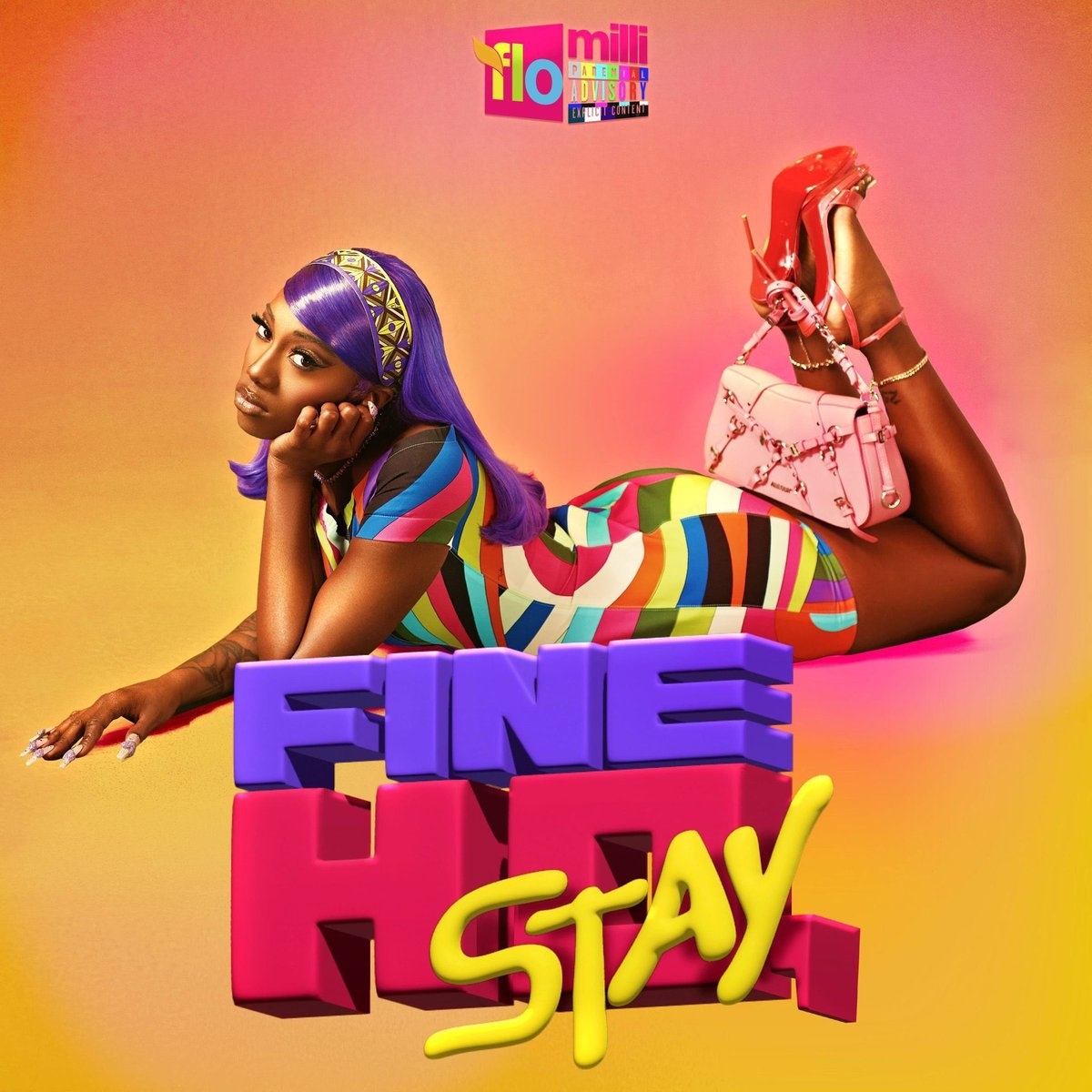 Flo Milli lying on her side wearing a colorful striped dress, bright hair, and a purse hanging from the heel of her shoes