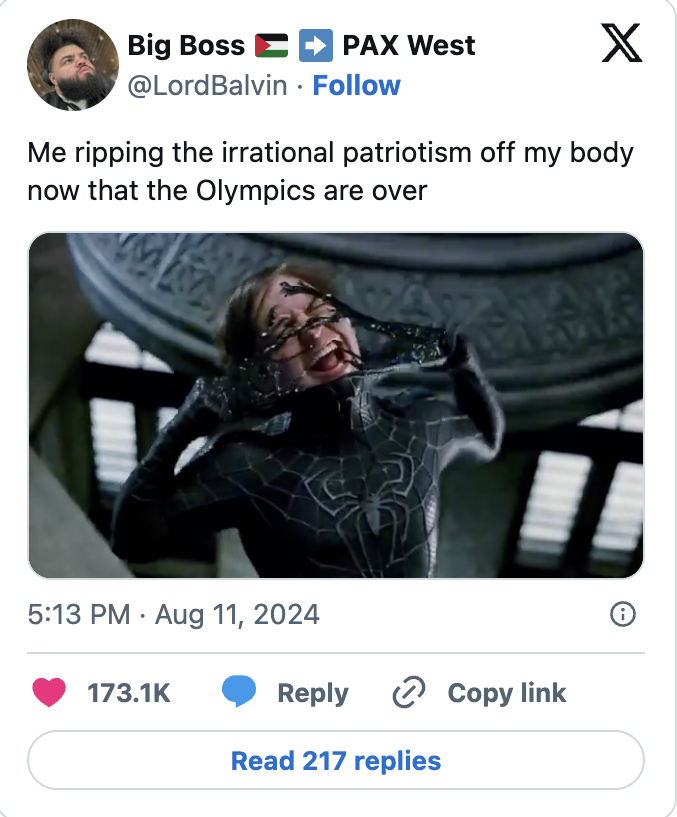 Tweet by @LordBalvin: &quot;Me ripping the irrational patriotism off my body now that the Olympics are over&quot; with a meme image of Tobey Maguire as Spider-Man tearing off the black suit