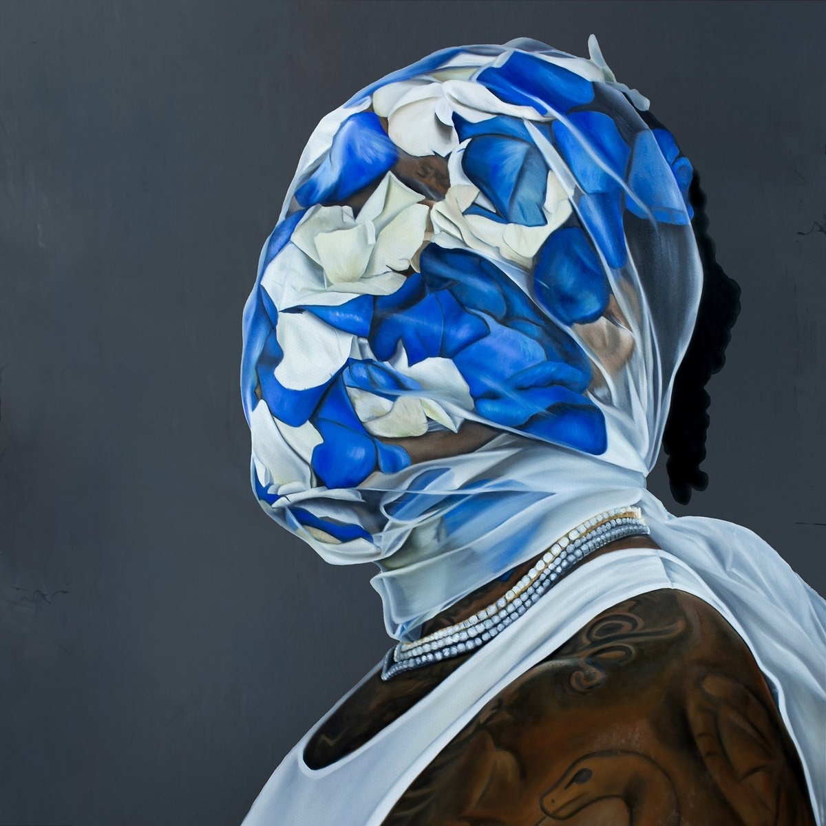 An illustrated Gunna head covered by a sheer fabric adorned with floral patterns. Visible are tattoos on his back and shoulders and they are wearing a pearl necklace