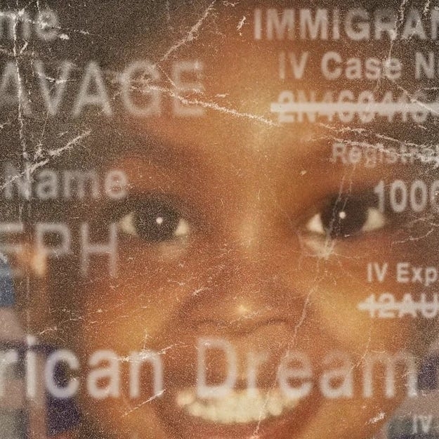 A young 21 Savage smiles in the background with faded text overlay, including phrases like "Savage," "Immigrant," and "American Dream"