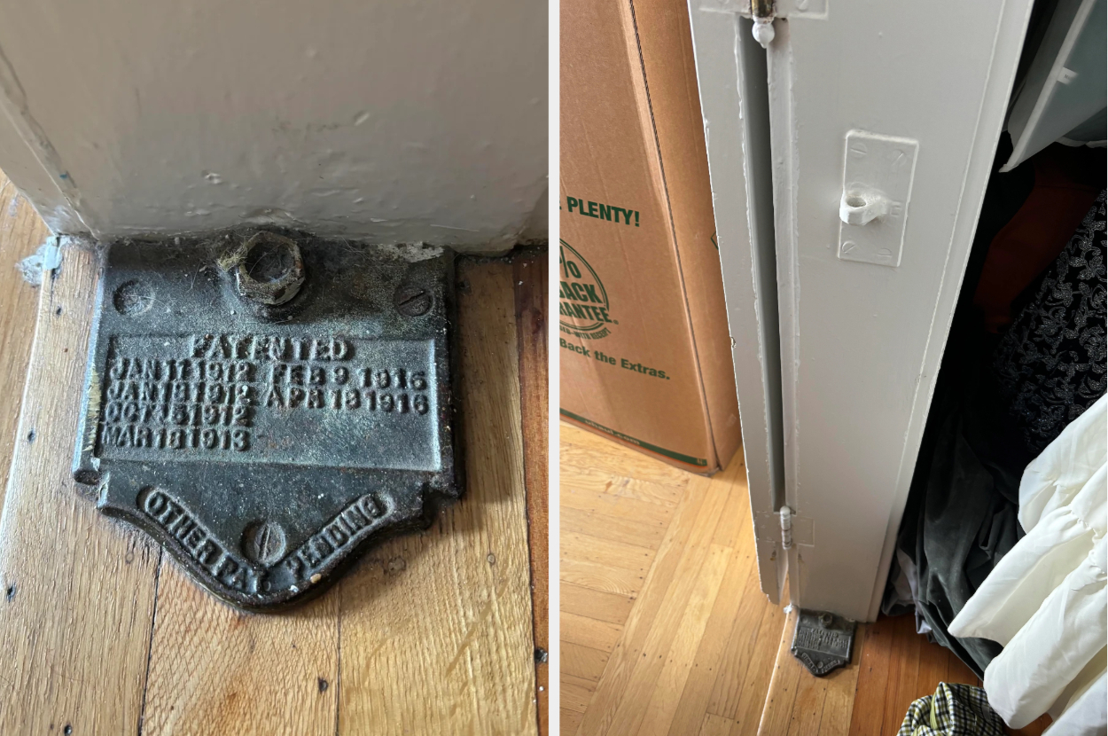 Close-up of a metal patent plaque from January 1912 to April 1916 on the base of a wooden structure, with part of a cardboard box and clothing visible nearby