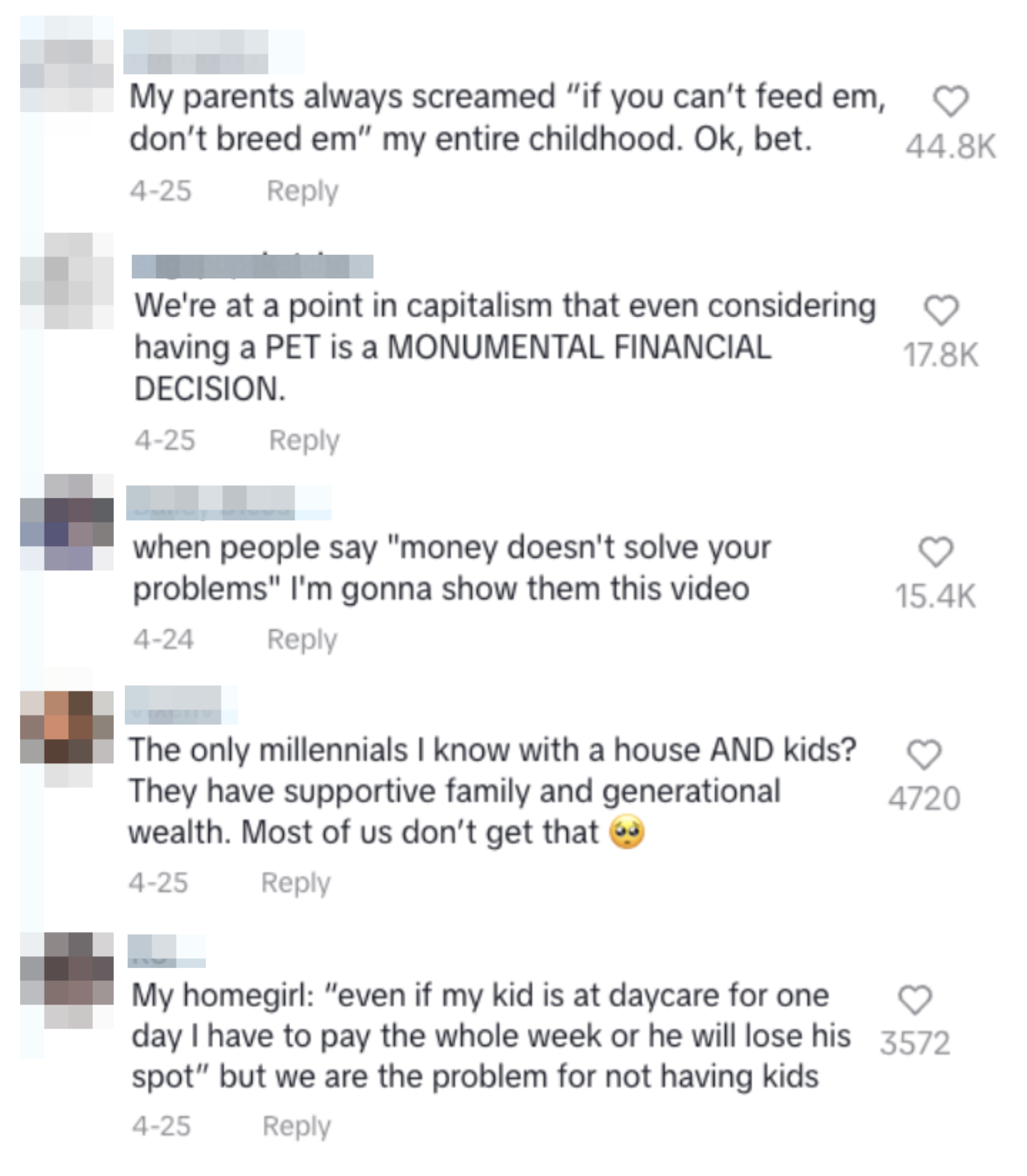 The image shows various user comments discussing financial difficulties and parenting on a social media platform. The comments mention pets, capitalism, expenses, and societal challenges