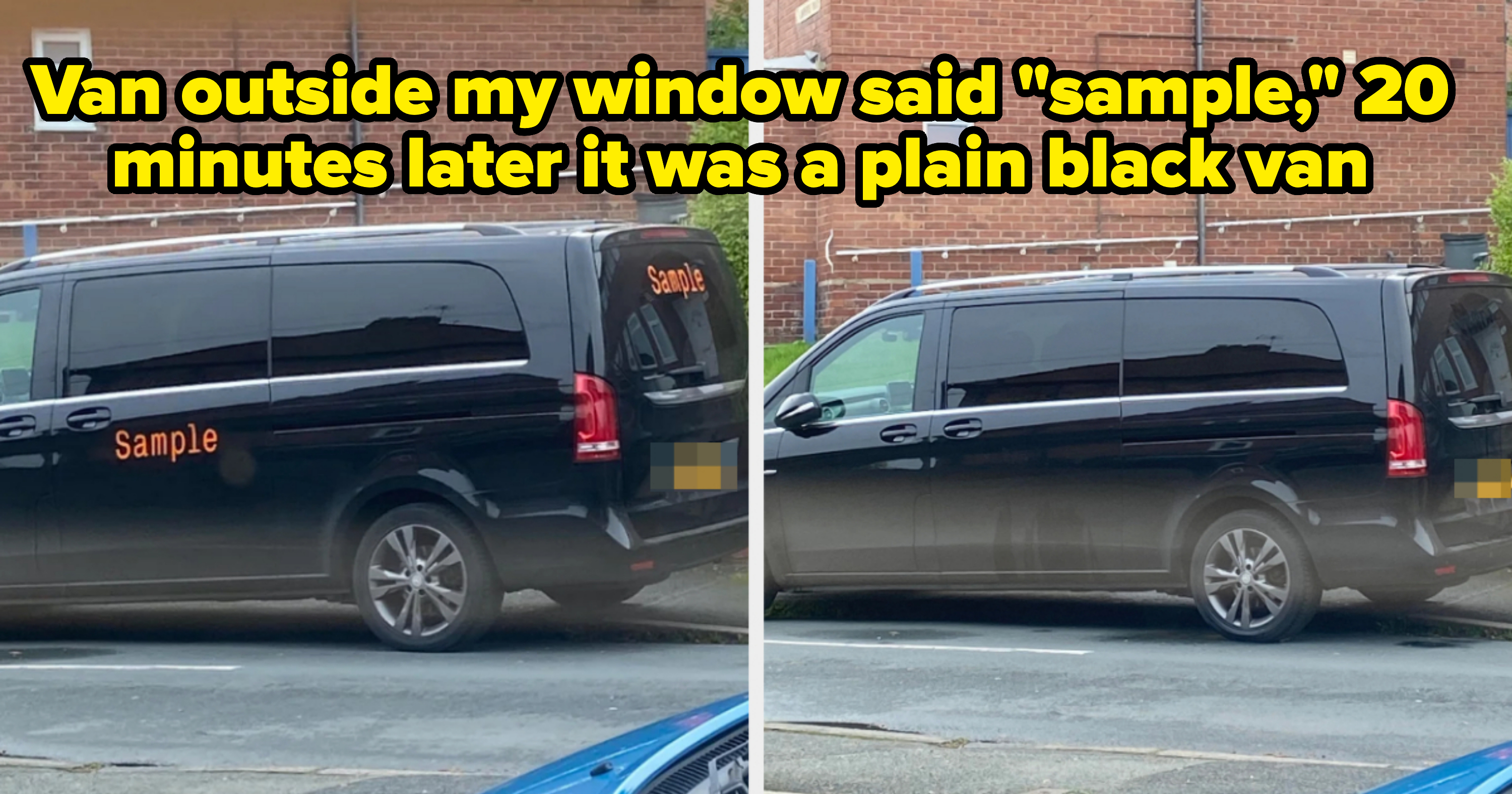 A black van with the word "Sample" printed in orange on its side, parked on a residential street with brick buildings in the background