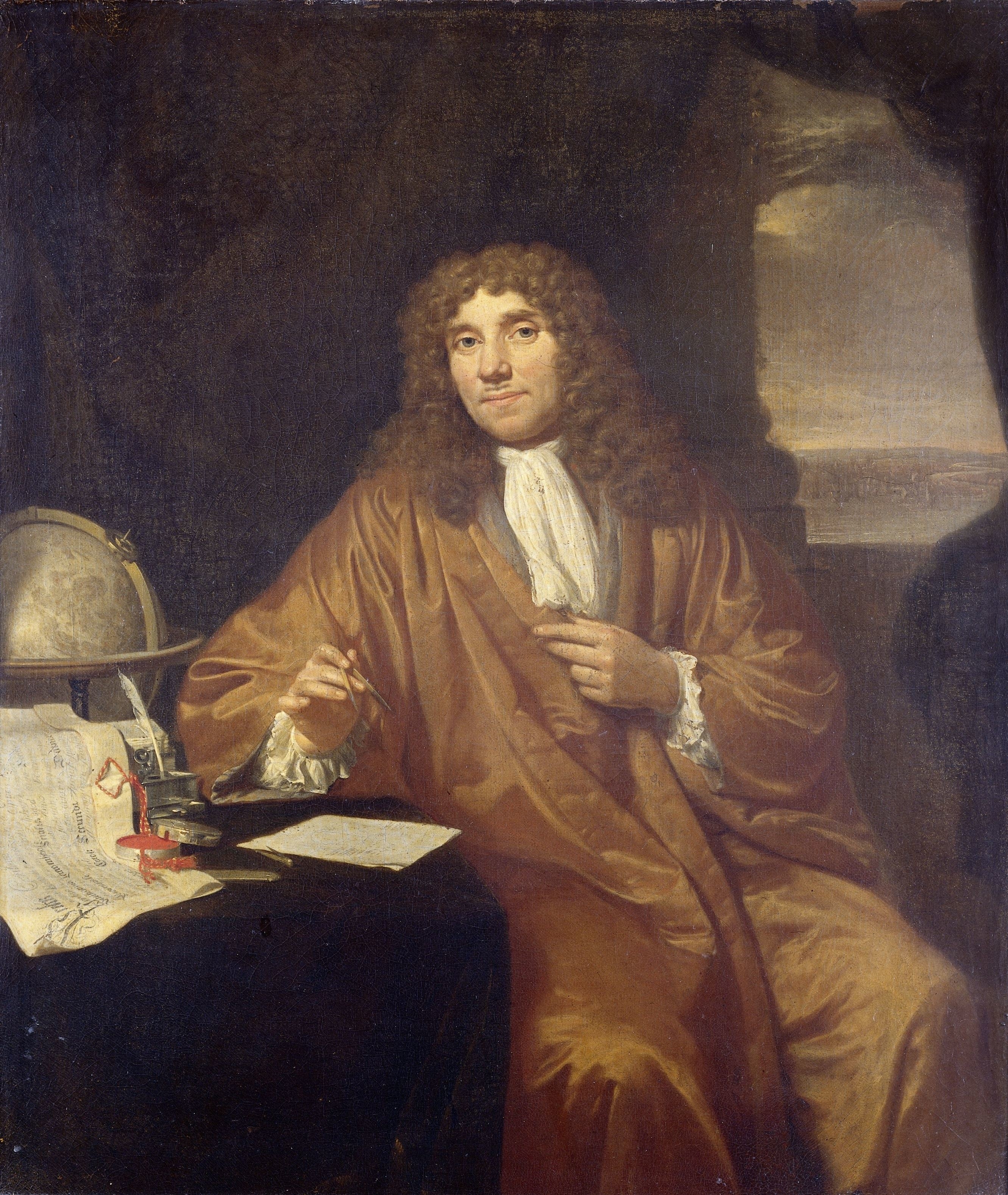 A historical portrait of Antonie van Leeuwenhoek, seated at a table with scientific instruments, wearing elegant period clothing. A globe and papers are visible on the table