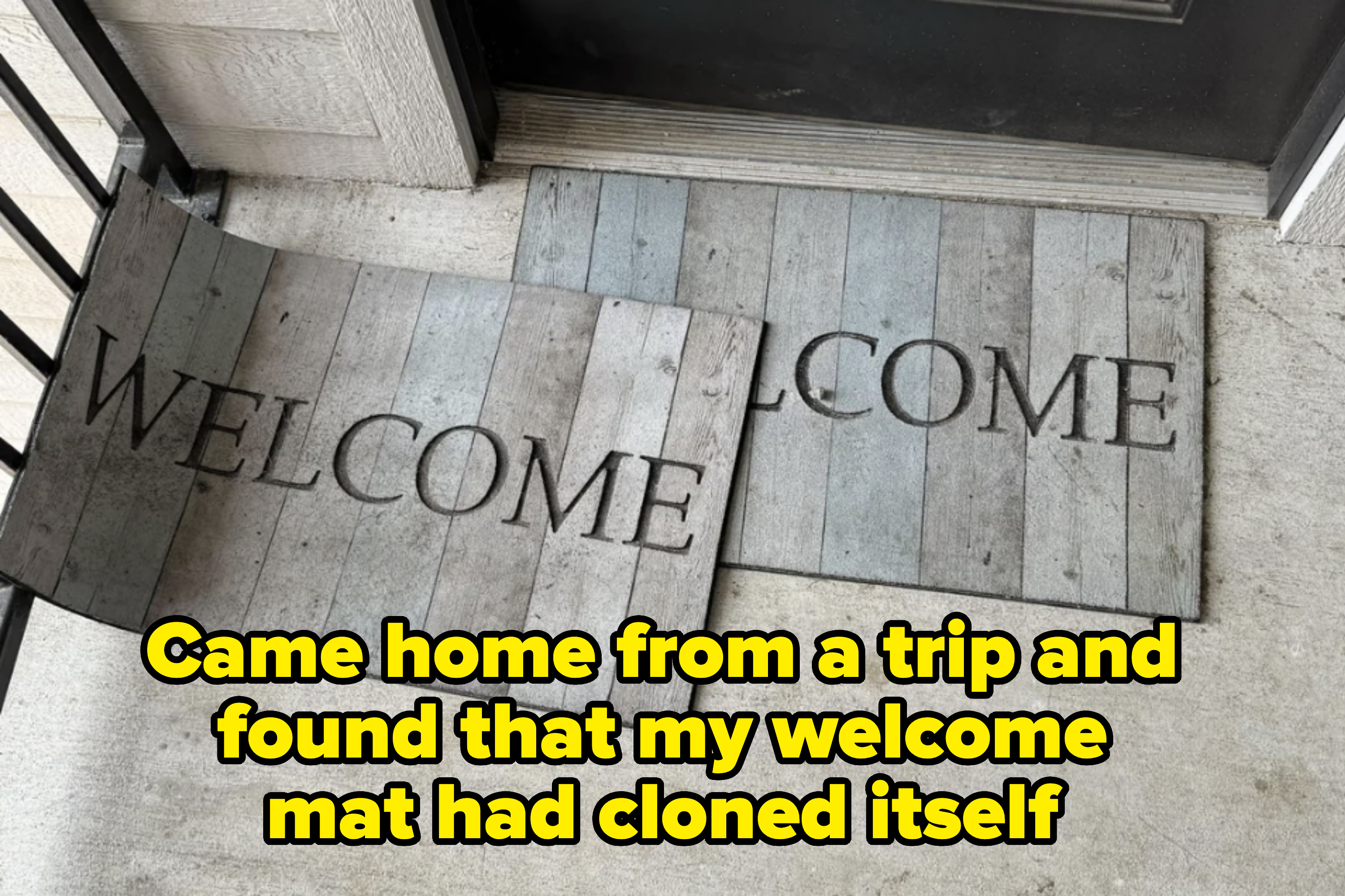 Two overlapping door mats on a porch, both saying "WELCOME" in large, bold letters