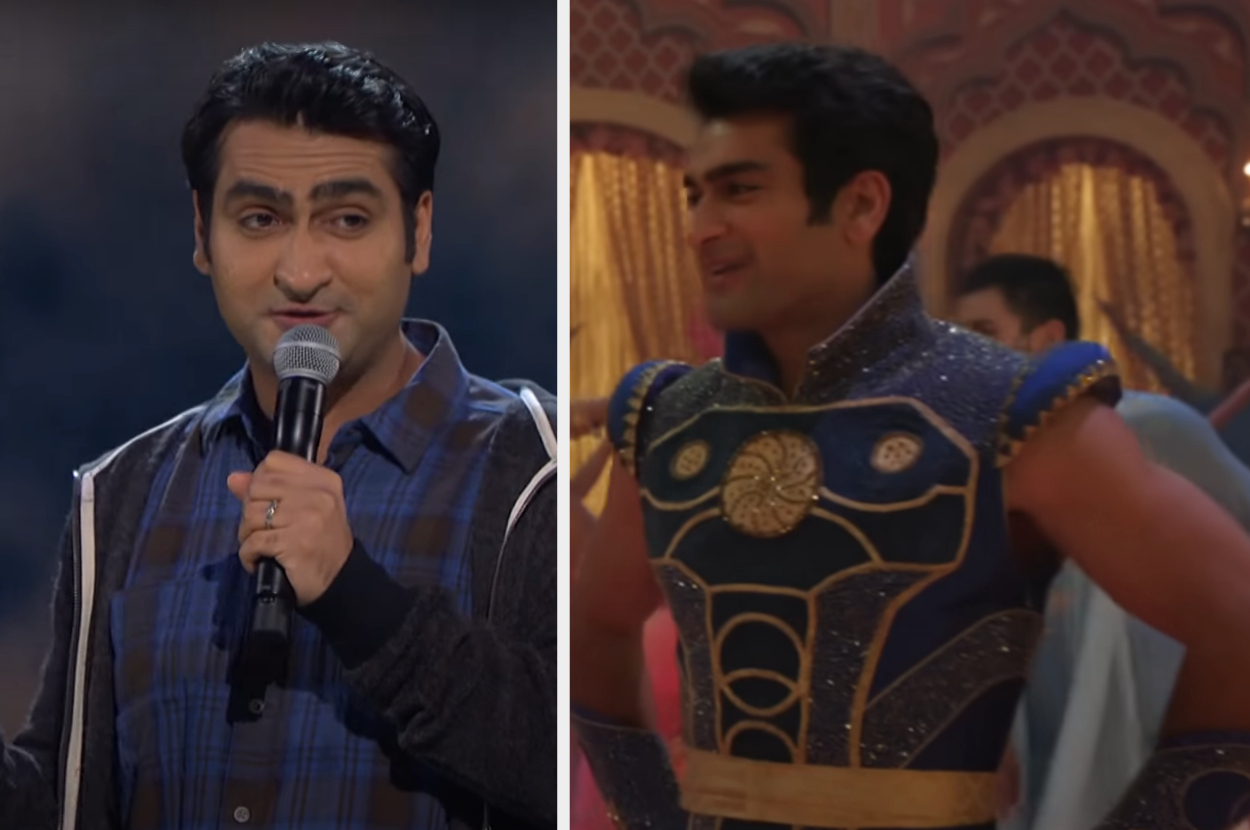 Kumail Nanjiani is in two images: on the left, performing stand-up comedy; on the right, in a detailed, futuristic costume for a movie role