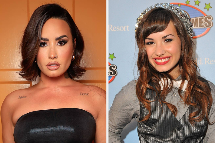 Demi Lovato then and now comparison. Left: Demi with a bob haircut and tattooed shoulders. Right: Demi with long hair, bangs, and a layered outfit with a vest