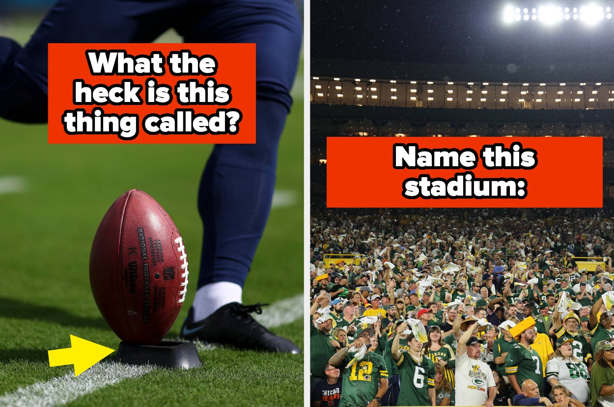 Left: Close-up of a football on a tee with text "What the heck is this thing called," and on the right: Stadium filled with fans with text "Name this stadium"
