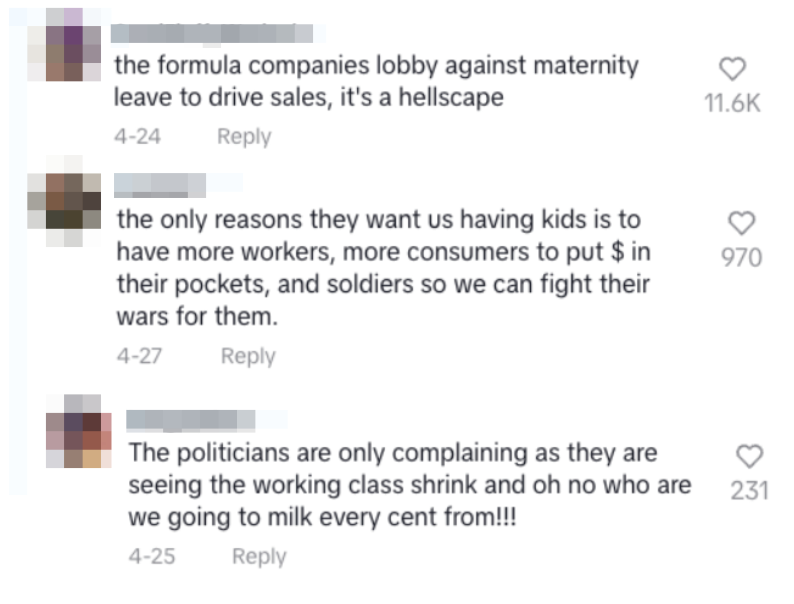 Three social media comments discussing formula companies, reasons behind maternity leave, and politicians on working class shrinkage