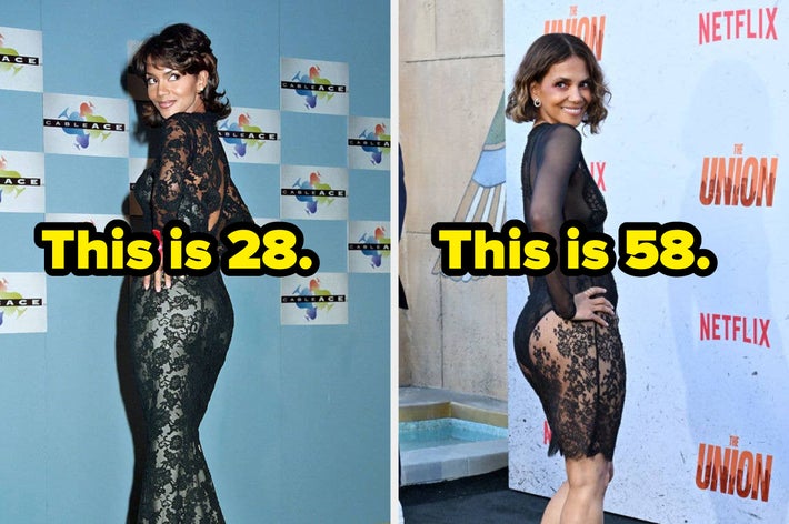 Halle Berry in two side-by-side images wearing a lace dress: one from her at 38 years old, another more recent. Text reads “This is 38. This is now."