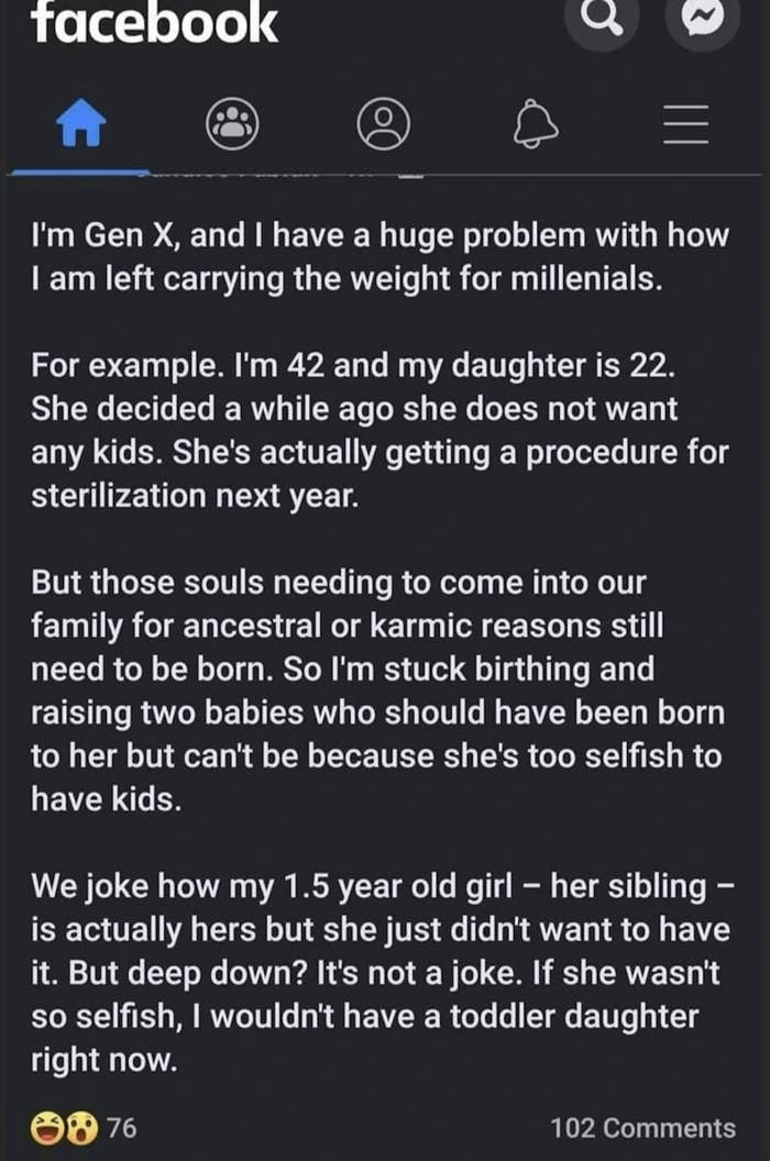 Facebook post from a Gen X parent discussing their frustration with Millennial attitudes toward having kids, citing their own daughter’s decision for sterilization, with 76 likes and 102 comments